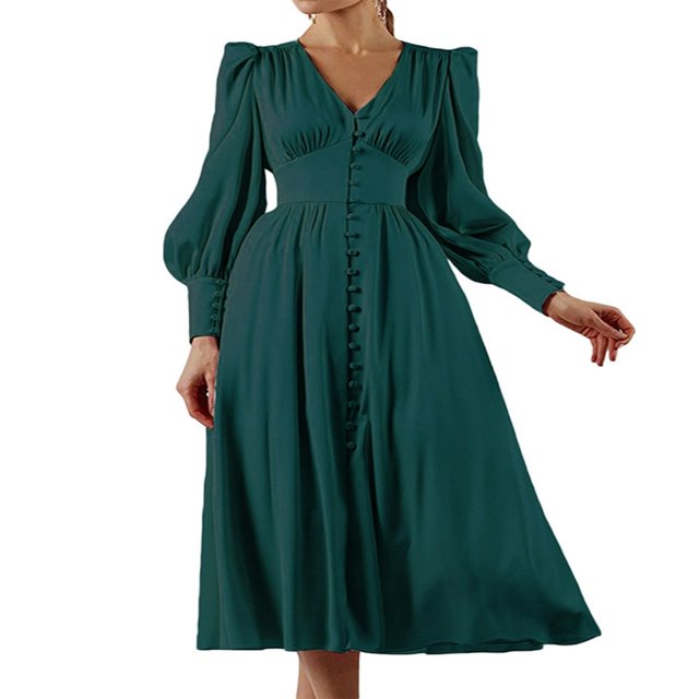 PENGXIANG Robe Maxi Formelle en Satin pour Femmes Manches Longues Bouffantes Col en V Profond Taille Empire Robe de Soirée Cocktail Rouge Vin TG