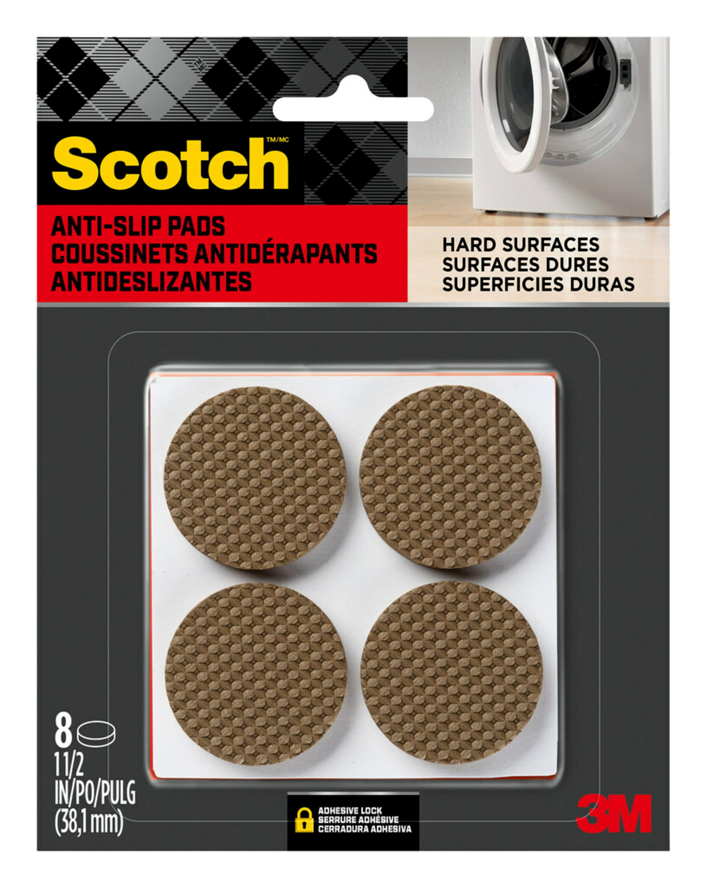 Scotch Gripping Pads, 1.5 in. Diameter, Brown, 8 Non-Slip Pads