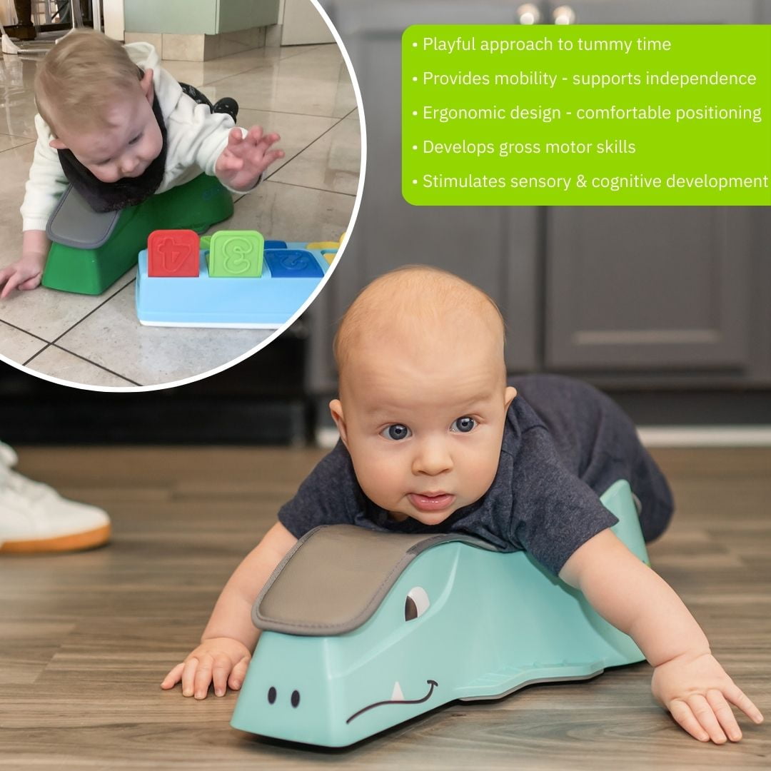 Crawligator tummy-time toy for infants provides mobility and crawling movement