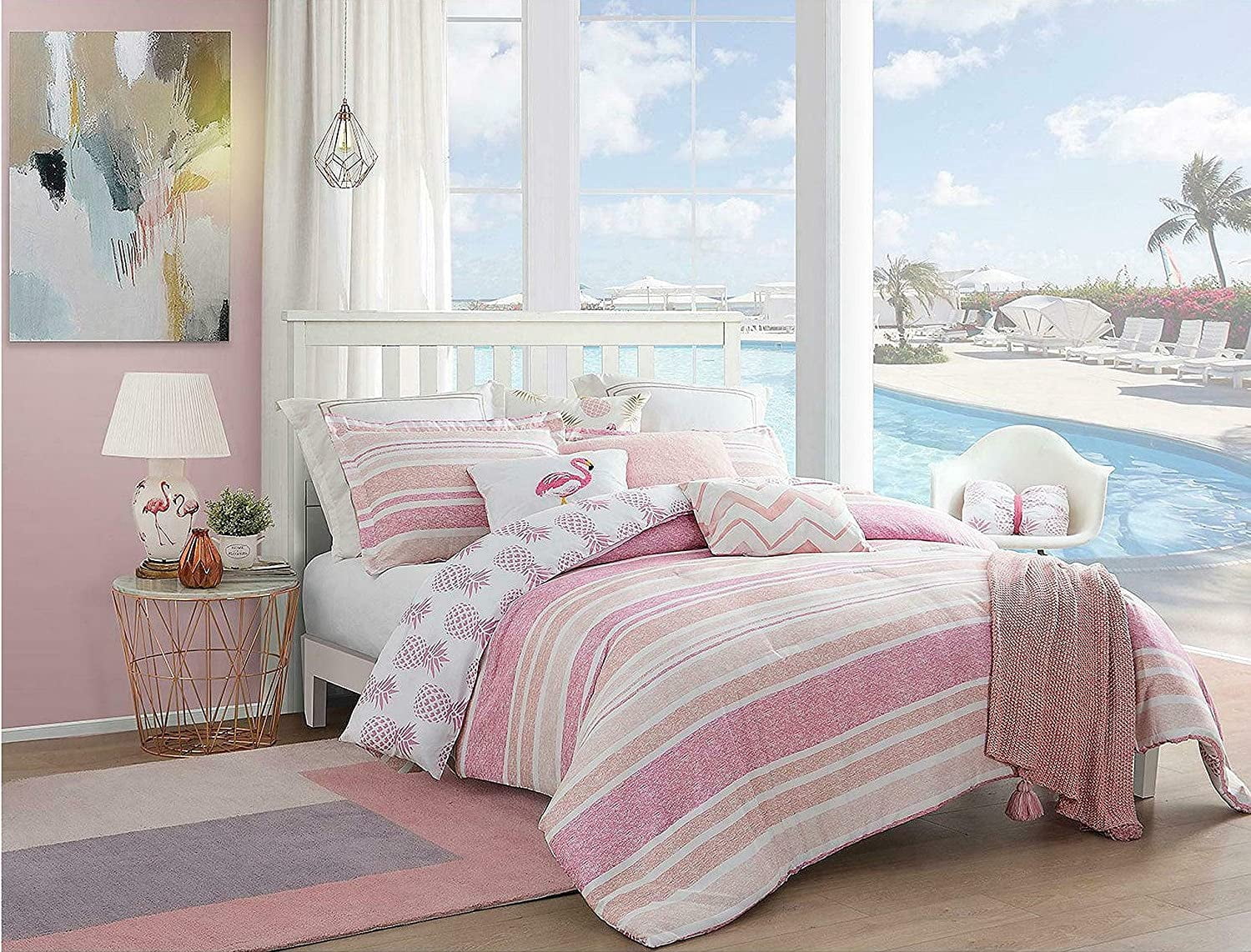 4-Piece Reversible Comforter Set Tropical Pattern Full/Queen Pineapple Whimsical Pink