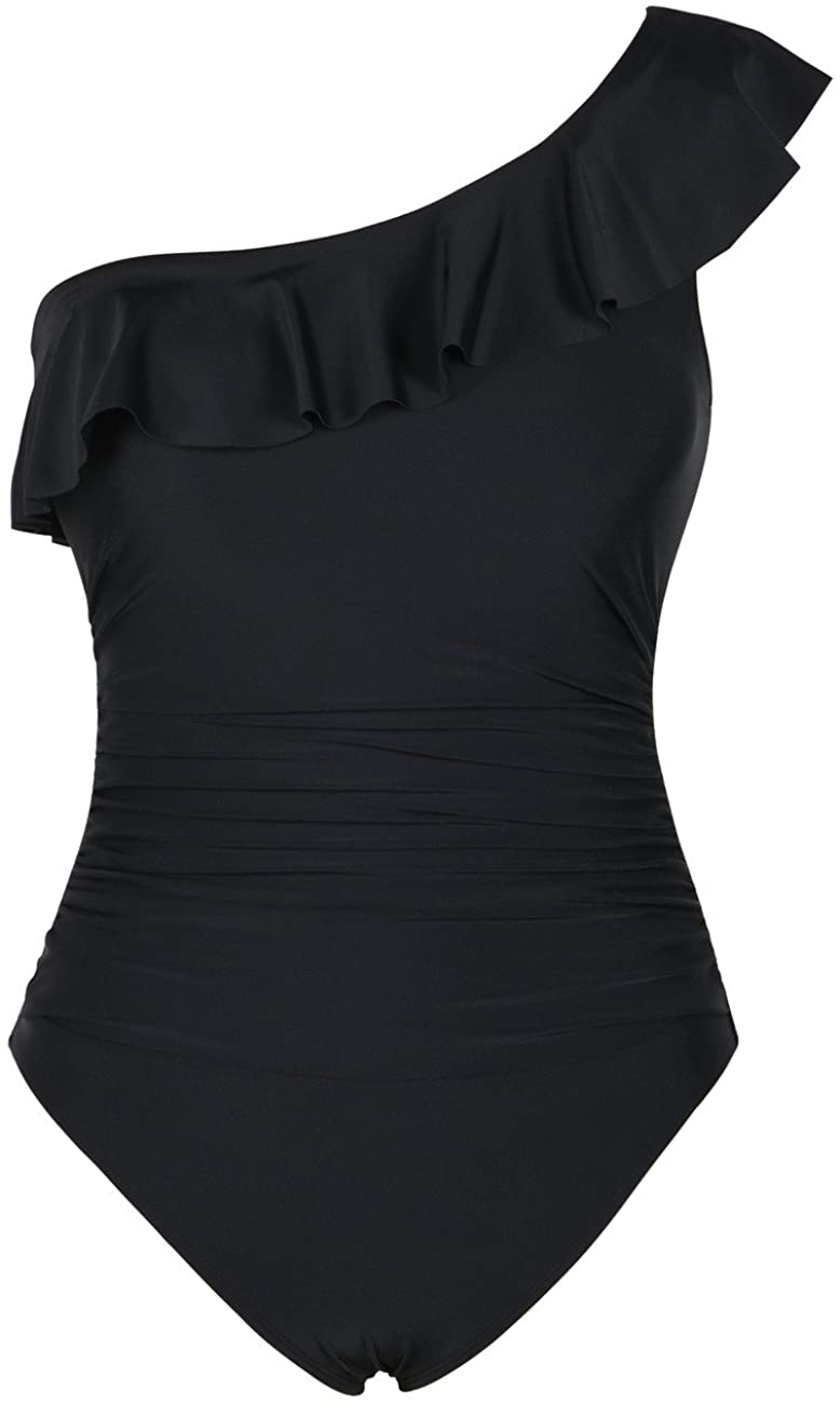 Hilor Women's One Piece Swimsuit - One Shoulder Asymmetric Ruffles, Tummy Control, Dark Army Green, Size 8