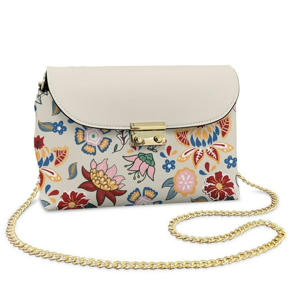 SCRAWLGOD Floral Print Red Blue Beige PU Leather Small Crossbody Bags for Women, Cell Phone Cross body Purse Bag Crossbody Wallet Purses with Detachable Chain