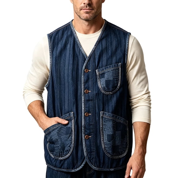 LODIENY Men Casual Denim Utility Vest Outdoor Button Up V Neck Sleeveless Retro Jean Waistcoat Lightweight Hiking Fishing Gilet Outerwear with Multi Pockets Blue XXL