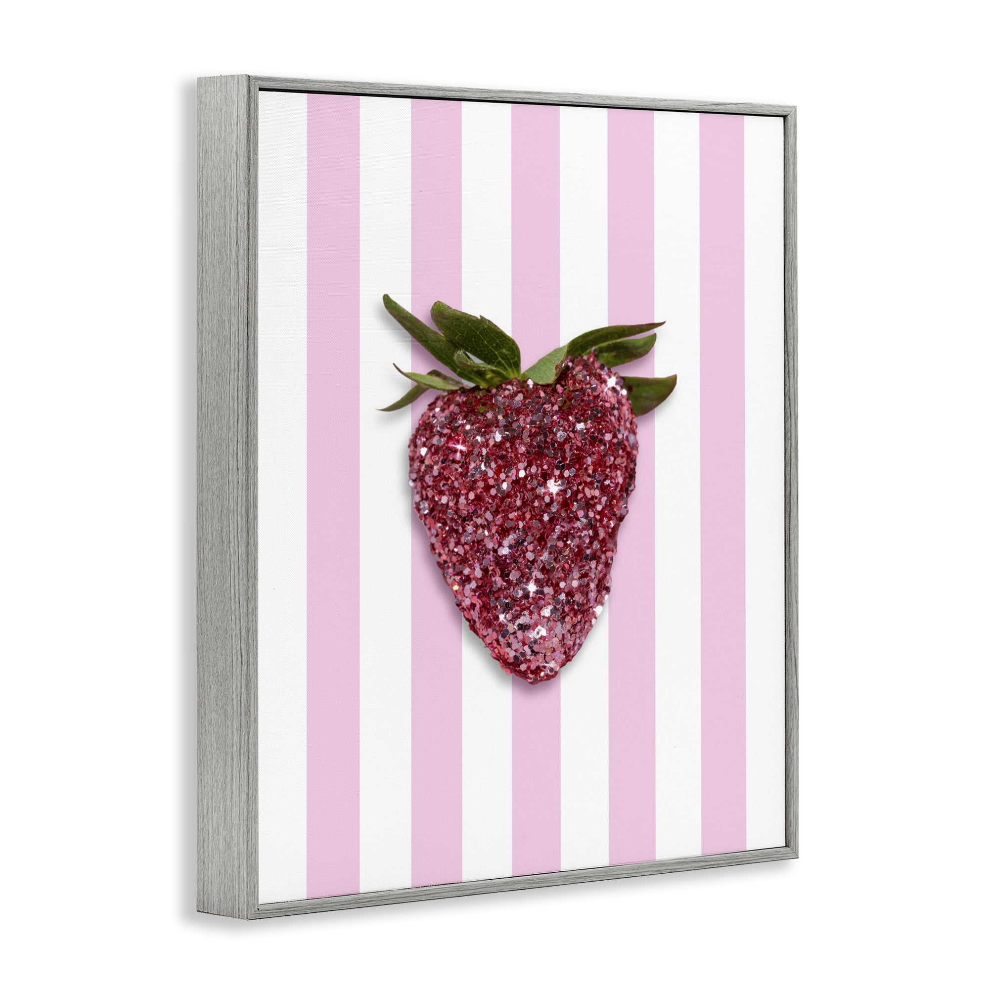 Stupell Industries Glimmer Strawberry on Green Stripes Gray Framed Giclee Art, design by LISH Creative