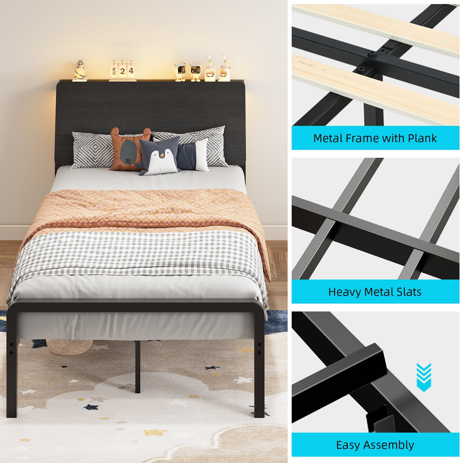 4 EVER WINNER Twin Bed Frame with Storage Headboard and LED Light, Metal Platform Bed Frame with Wooden Headboard, No Box Spring, Black