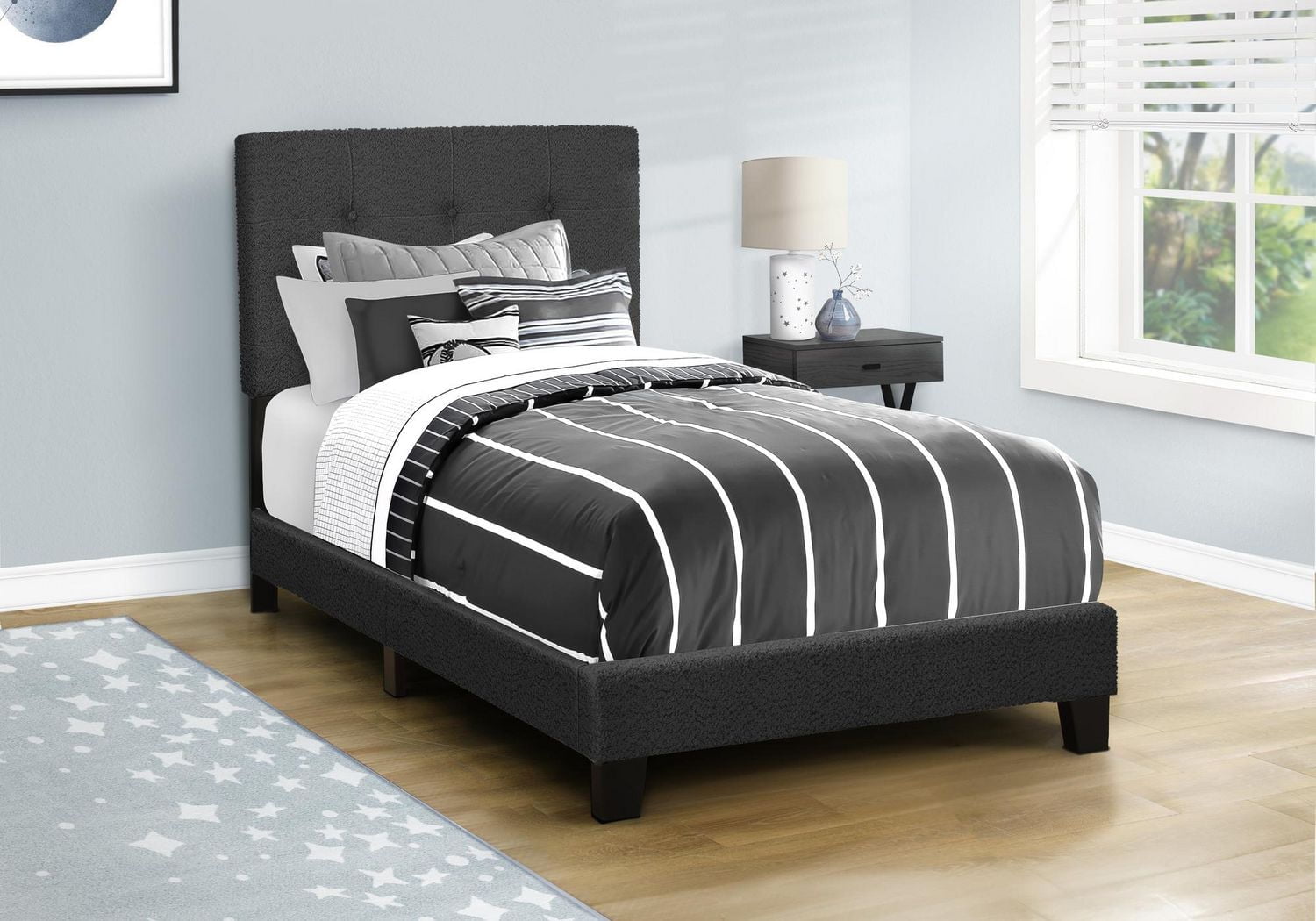 Monarch Specialties Bed, Twin Size, Upholstered, Bedroom, Frame Only, Youth, Teen, Juvenile, Dark Grey Boucle, Transitional