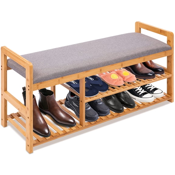 Open Box SereneLife 2 in 1 Bamboo Shoe Rack Bench with Storage and Cushion Seat