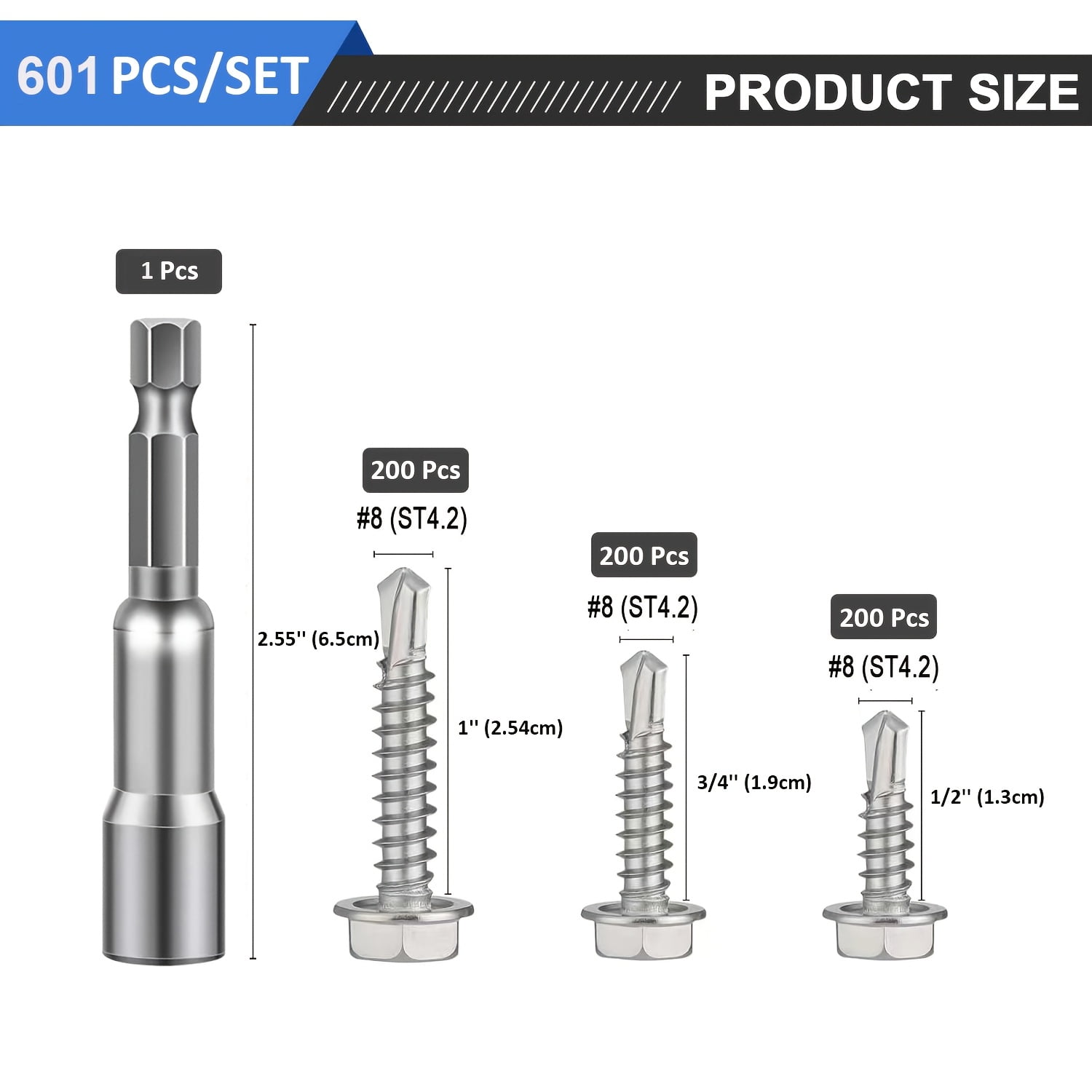 410 Stainless Steel #8 Self Tapping TEK Screws Assortment Kit, 600pcs - Hex Washer Head Self Drilling Screws for Metal & Furniture Building/Repair (1/2", 3/4", 1" Lengths) Includes Free Hex Socket