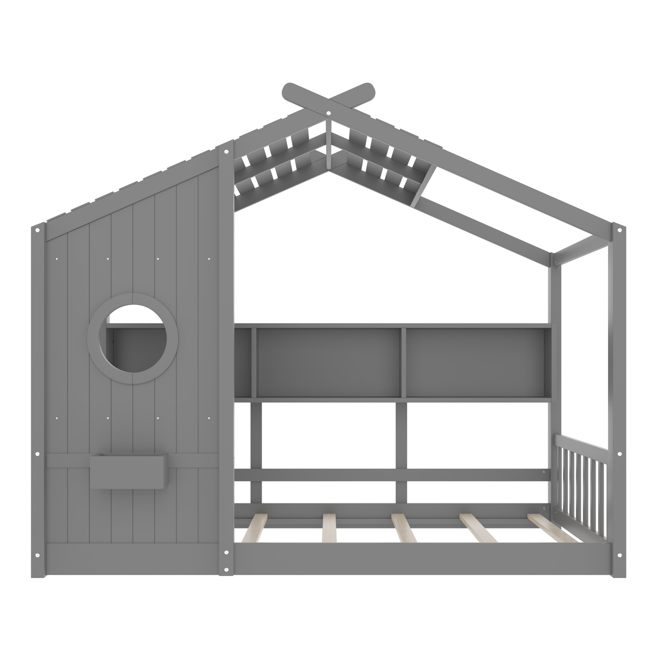 Noble House Twin Size Floor House Bed for Toddlers,Playhouse Bed with Built-in Storage Shelf and Roof Design,Gray