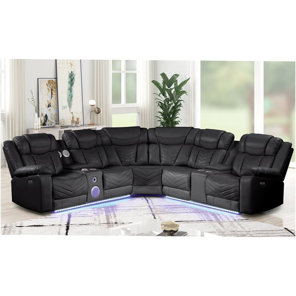 JERFIT Modern Power Recliner Sectional Sofa with USB Charging, Cup Holders, LED Lights and Bluetooth, Faux Leather, Black