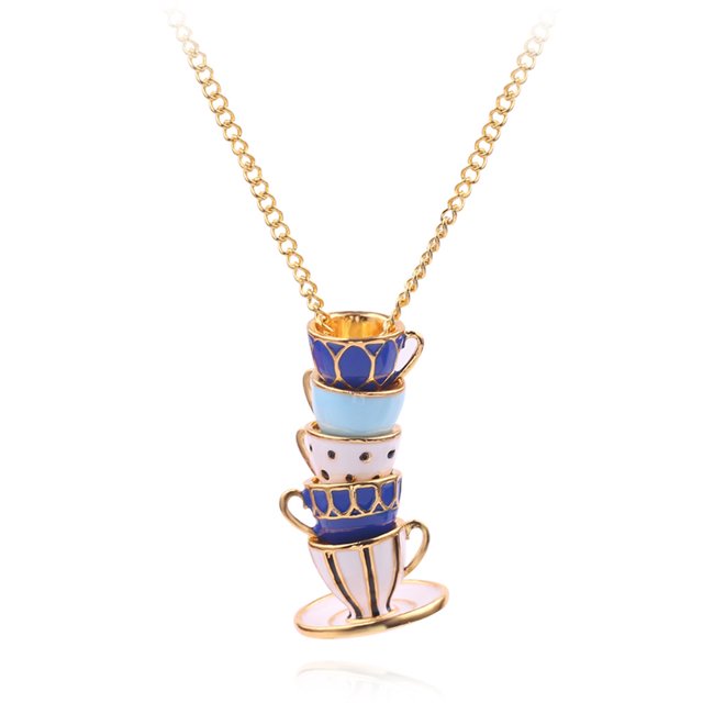 Collar con taza de café en forma de taza de té en 3D, elegante collar con colgante de suéter con forma de taza de té, cadena con colgante de taza de té, cadena chapada en oro de 14 quilates, regalo para mujer Rojo Verde