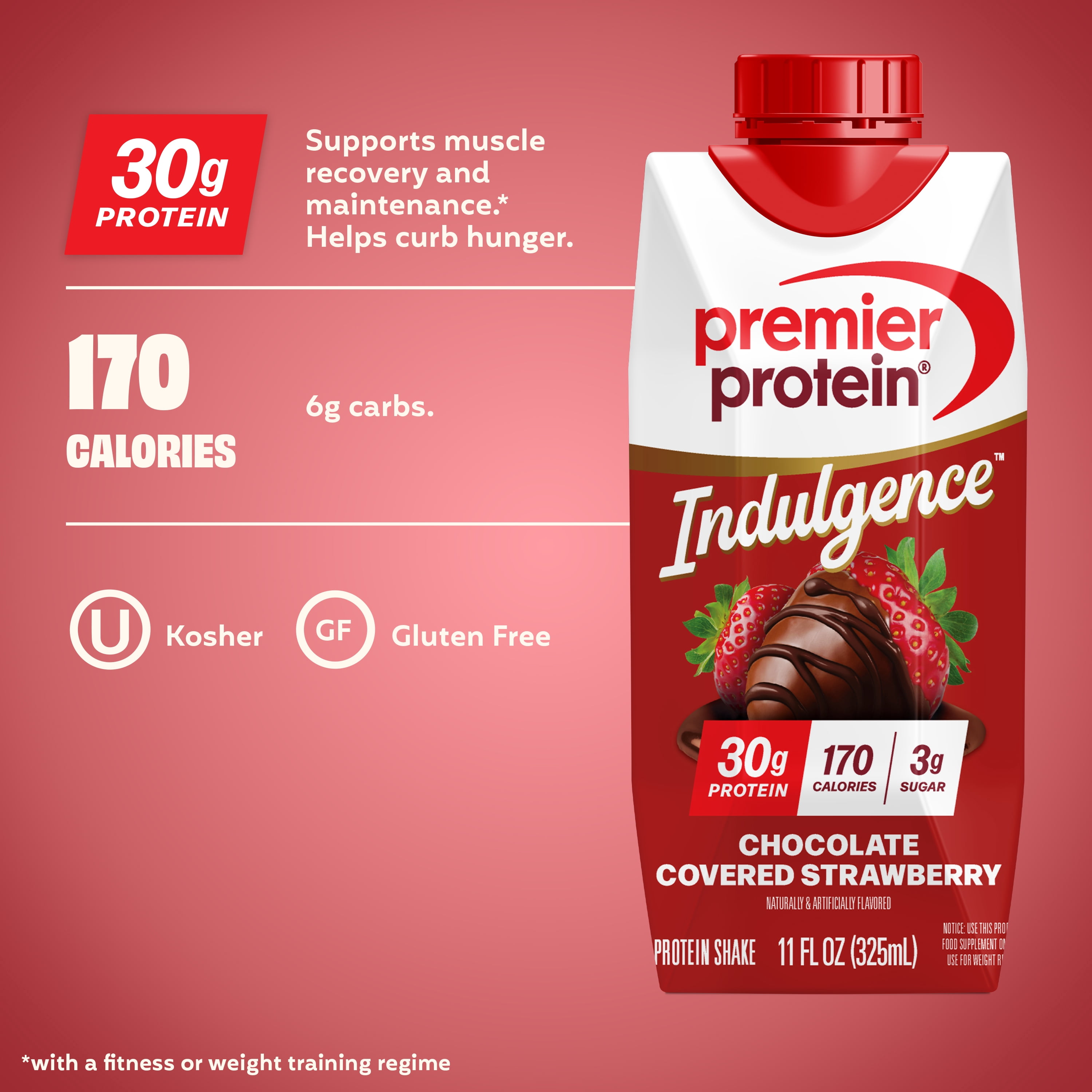 (3 pack) Premier Protein Indulgence Protein Shake, Chocolate Covered Strawberry, 30g Protein, 11 fl oz, 4 Ct