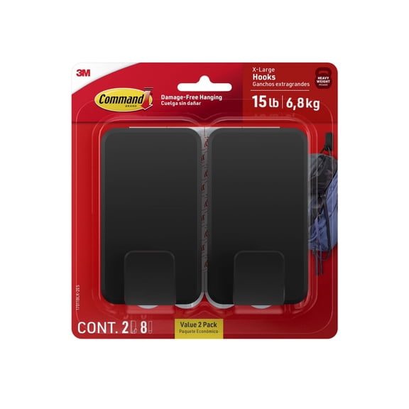 Command 15 Lb XL Heavyweight Wall Hook, Black, Damage Free Decorating, 2 Command Hooks