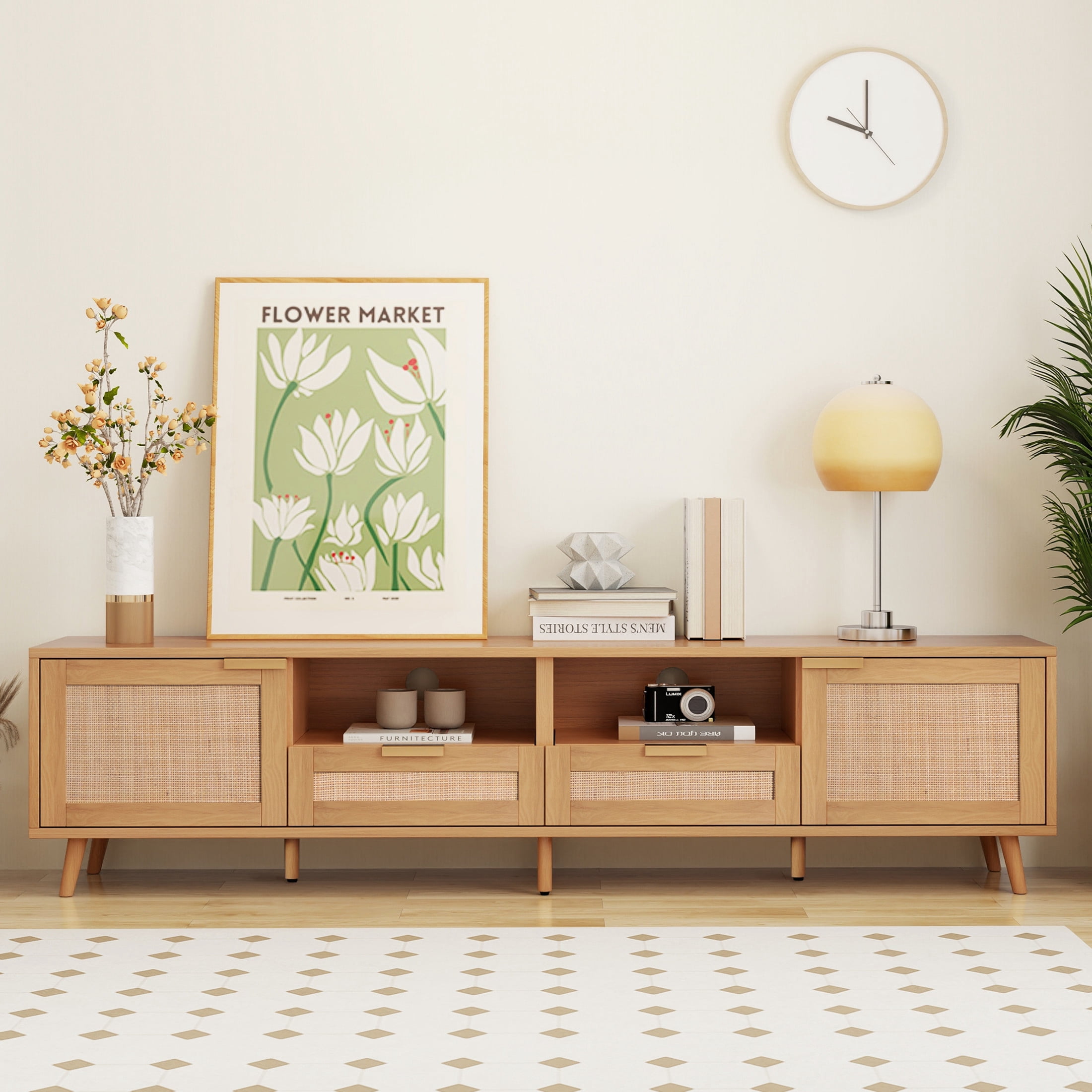 Noble House Rattan TV Stand for TVs up to 85 Inch with Storage Cabinets, Open Shelves, Wood
