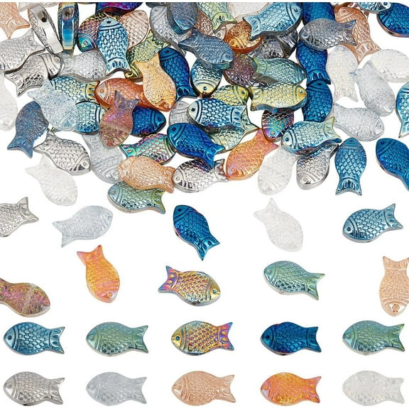 1 Box 100Pcs 10 Colors Electroplate Glass Beads Fish Bead Carved Summer Colorful Cute Fishbowl Sea Ocean Animal Bead for Crafts DIY Jewelry Keychain Bracelet Necklace Making Bead Assortments