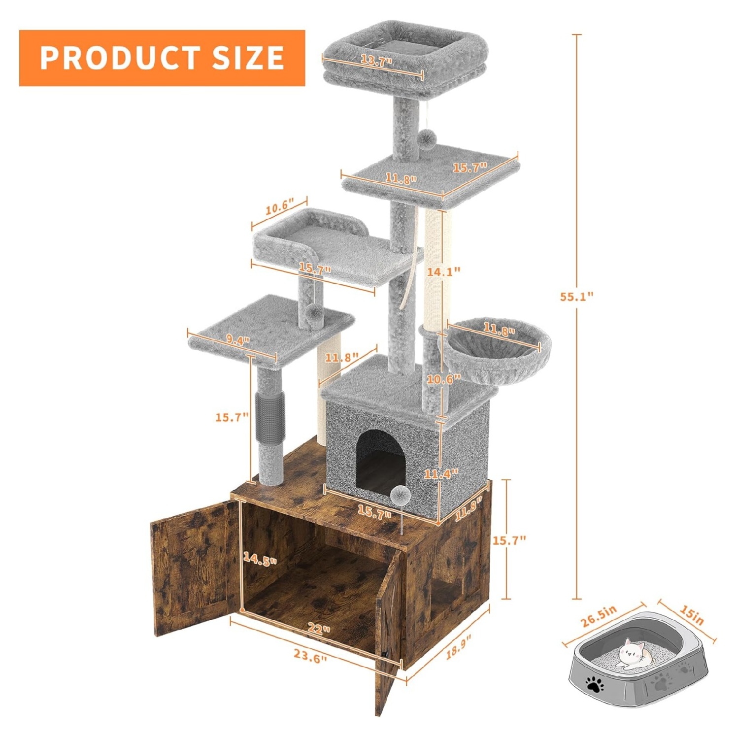 Cat Tree with Litter Box Enclosure, Hidden Cat Washroom Furniture,All-in-one Indoor Kitten House w/Scratching Posts, Multiple Platform and Condo, Modern Style Cat Tower, Hammock