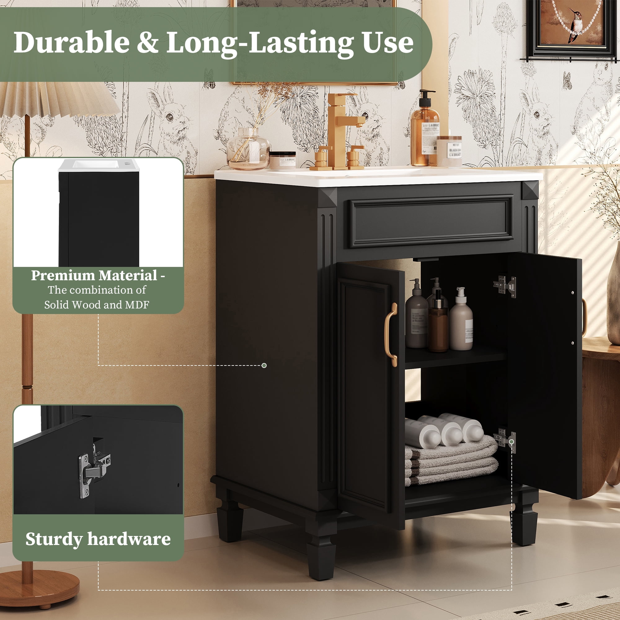Euroco 24'' Bathroom Vanity with Top Sink, Modern Bathroom Storage Cabinet with 2 Soft-Closing Doors and Adjustable Shelf, Solid Wood Frame