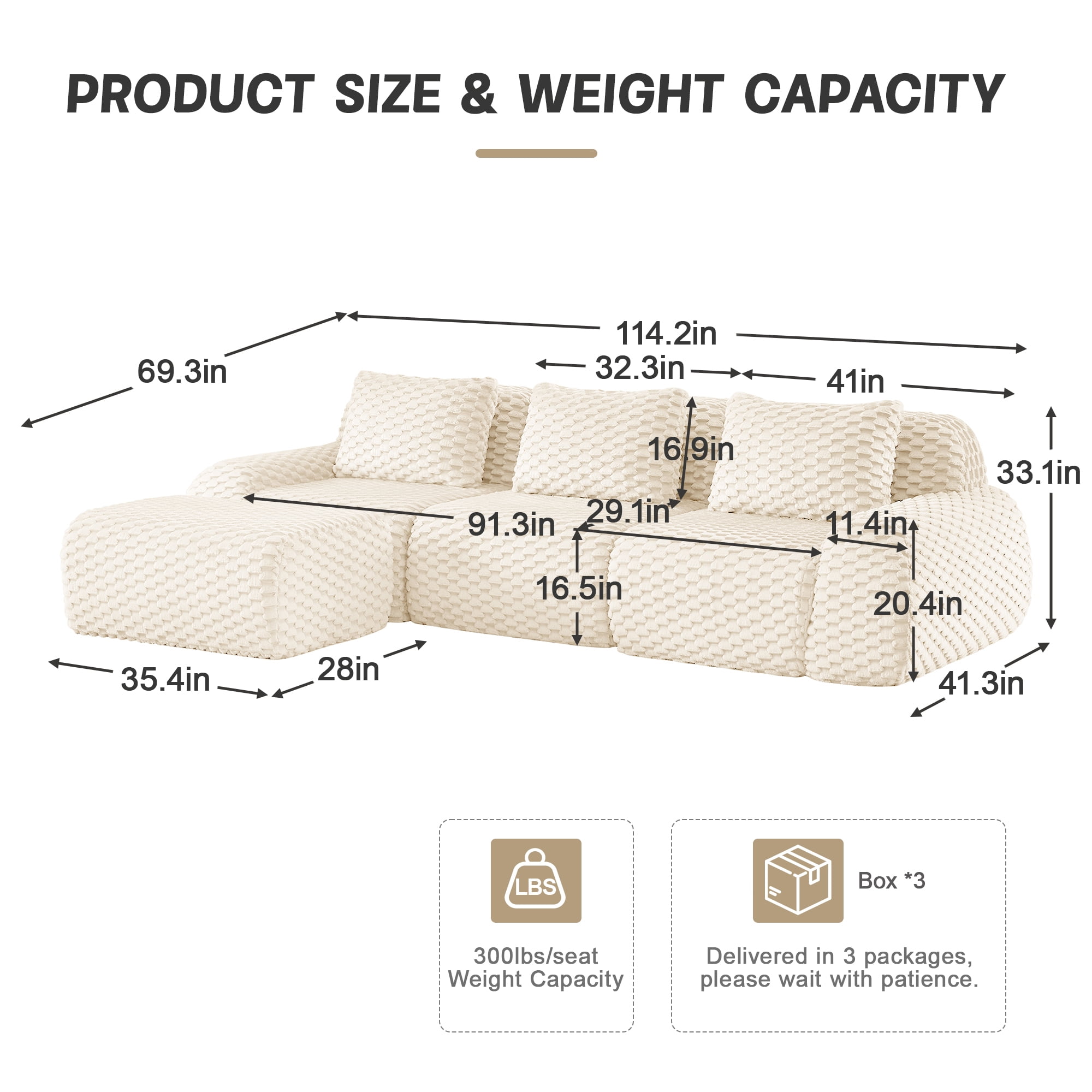 Alvantor 114" Cloud Modular Sectional Sofa with Movable Ottoman, L Shaped Deep Seat Flannelette Boneless Couch for Living Room Bedroom Cream