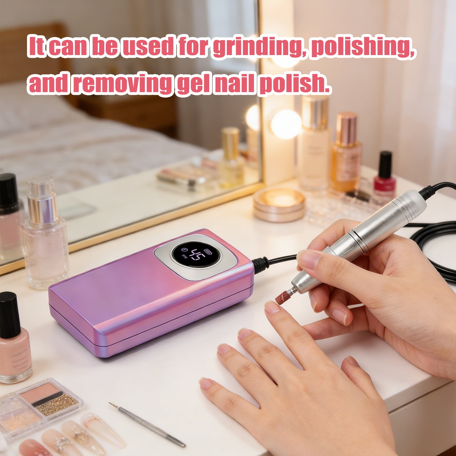 golytefs Electric Nail Drill 45000RPM Rechargeable Cordless E-file with Bits Kit Portable Nail File for Acrylic Gel Polishing Removing (Purple)