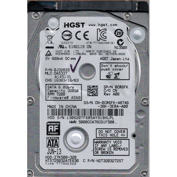 HTS725032A7E630 MLC: DA5337 P/N: 0J32833 HGST 320GB