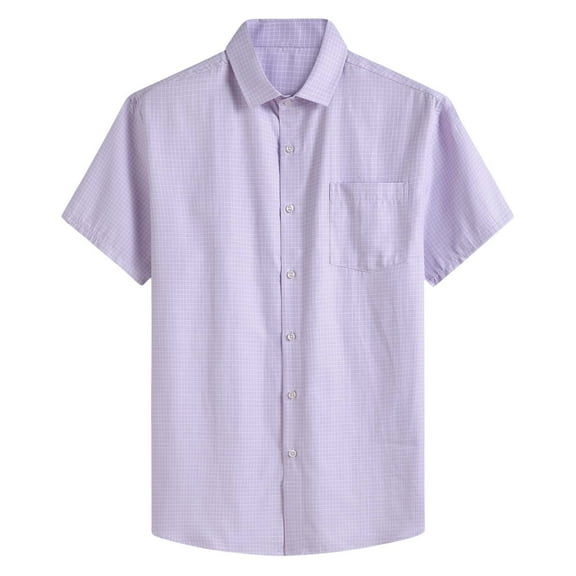 WREESH Men's Fashion Business Button Down Shirts Turndown Collar with Pocket and Short Sleeve Plaid Pocket Button Plaid Shirt Light Purple