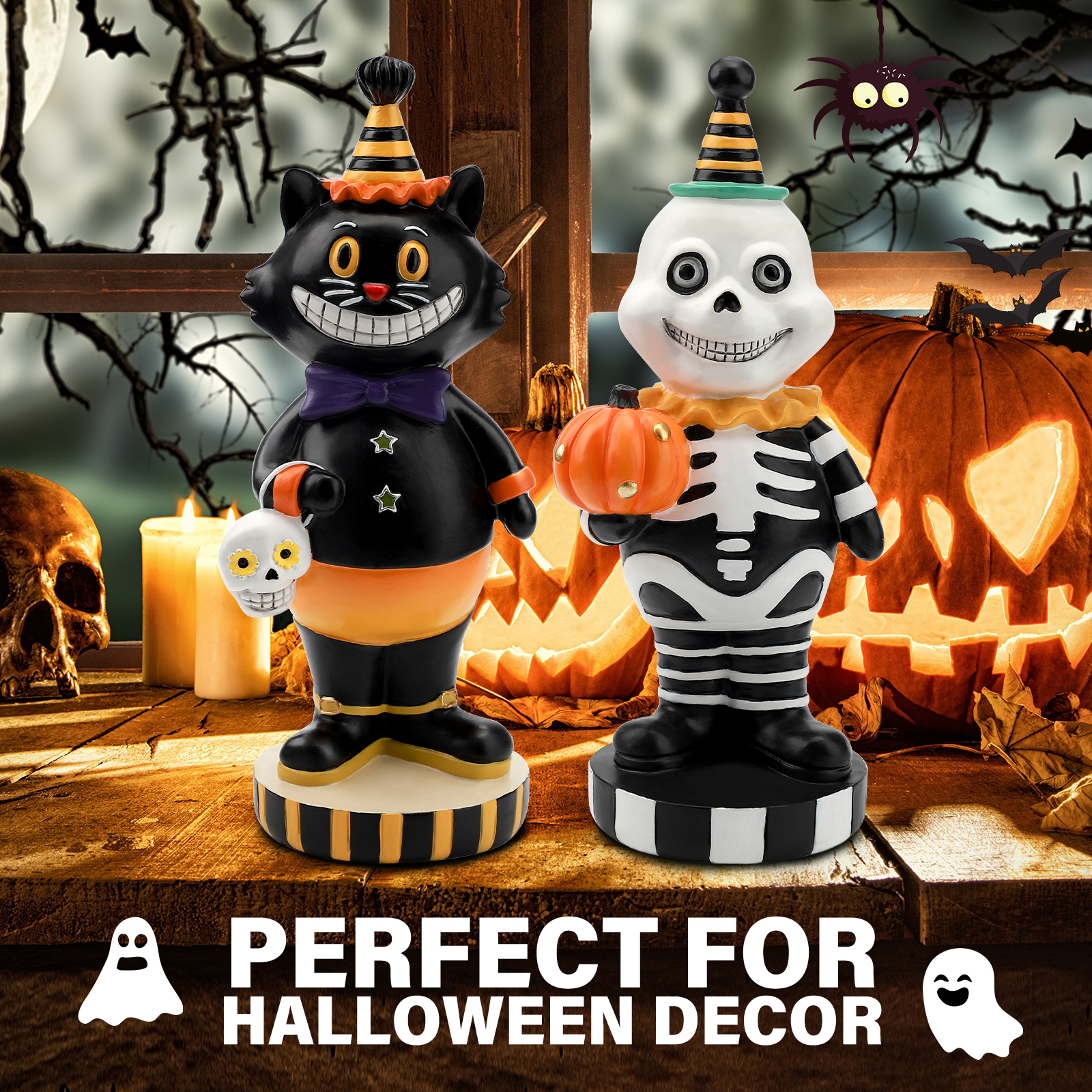 Ayieyill Halloween Cat and Skeleton Figurines Set, 2 Pc photo 3