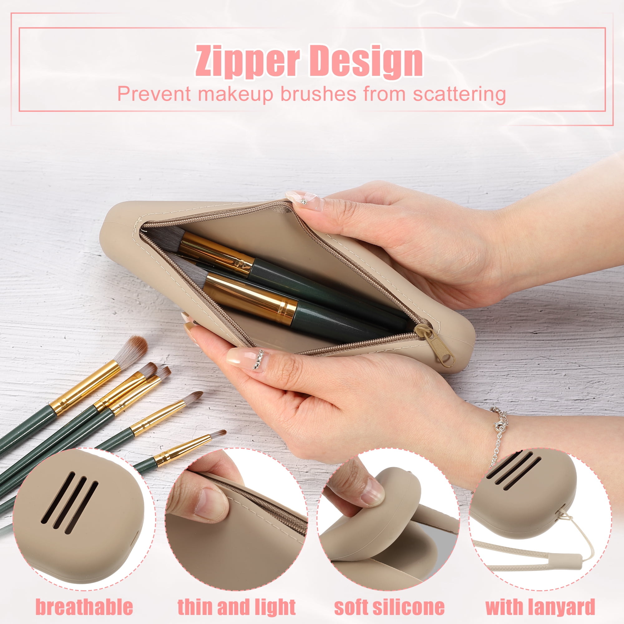 Unique Bargains Silicone Makeup Brush Holder Travel Essentials Makeup Brush Organizer with Mirror Makeup Brush Bag Khaki