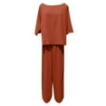 thumbnail image 4 of Tenues d'Été 2 Pcs pour Femmes Ensemble de Détente en Lin Couleur Unie T-shirt Col Rond Pantalon Large, 4 of 4