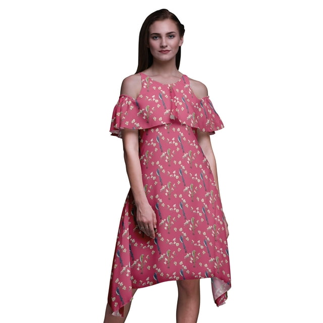 Bimba Pink Bird Print Womens Chic Style Cold Shoulder Shift Dress Summer Tunic - X-Small