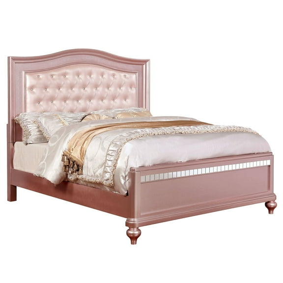 Full Size Wooden Bed With Mirror Trim Details and Camelback Headboard Pink - Saltoro Sherpi