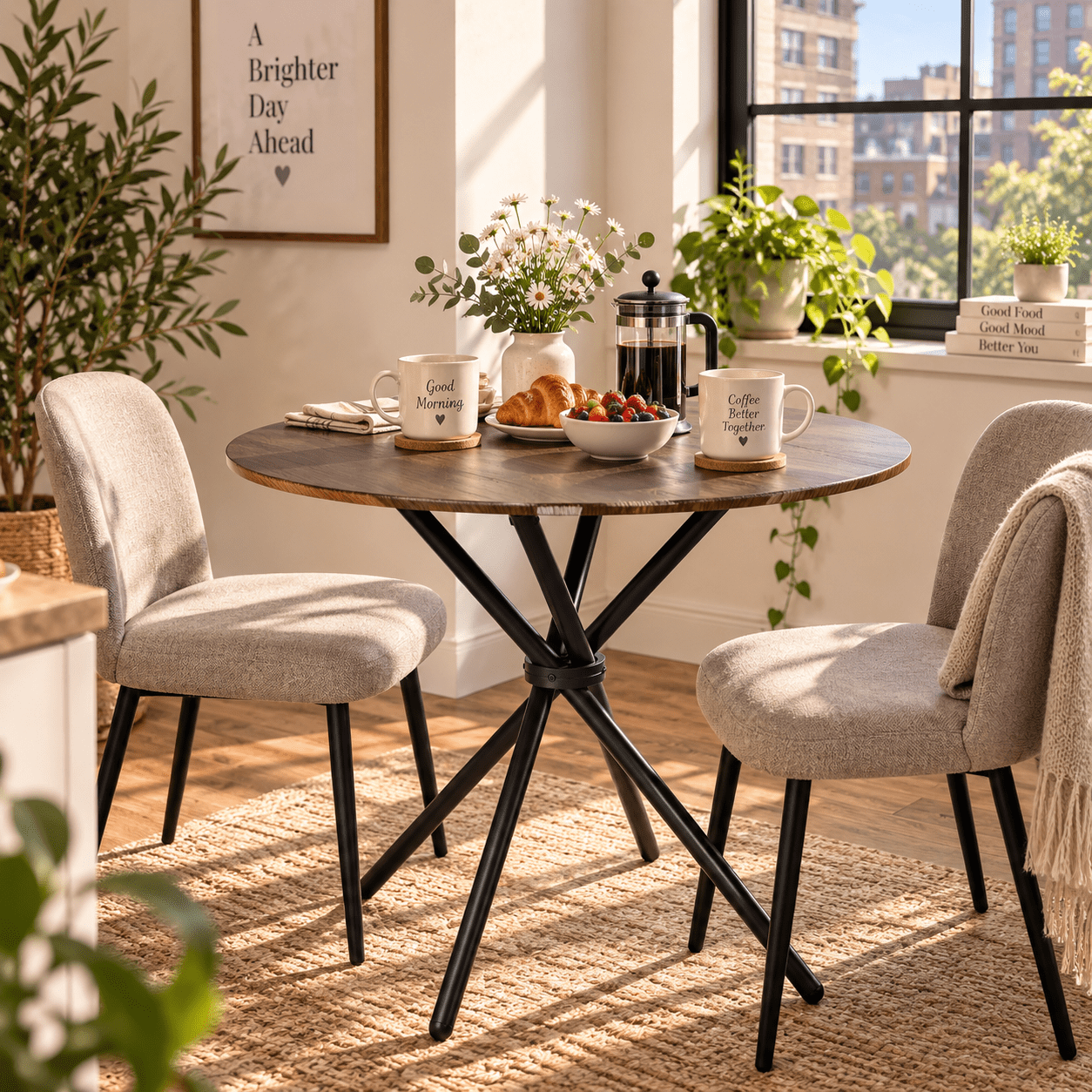 Homy Casa 31.5 in Round Dining Table for 2-4, Small Space Kitchen Table with Metal Legs, Espresso Brown