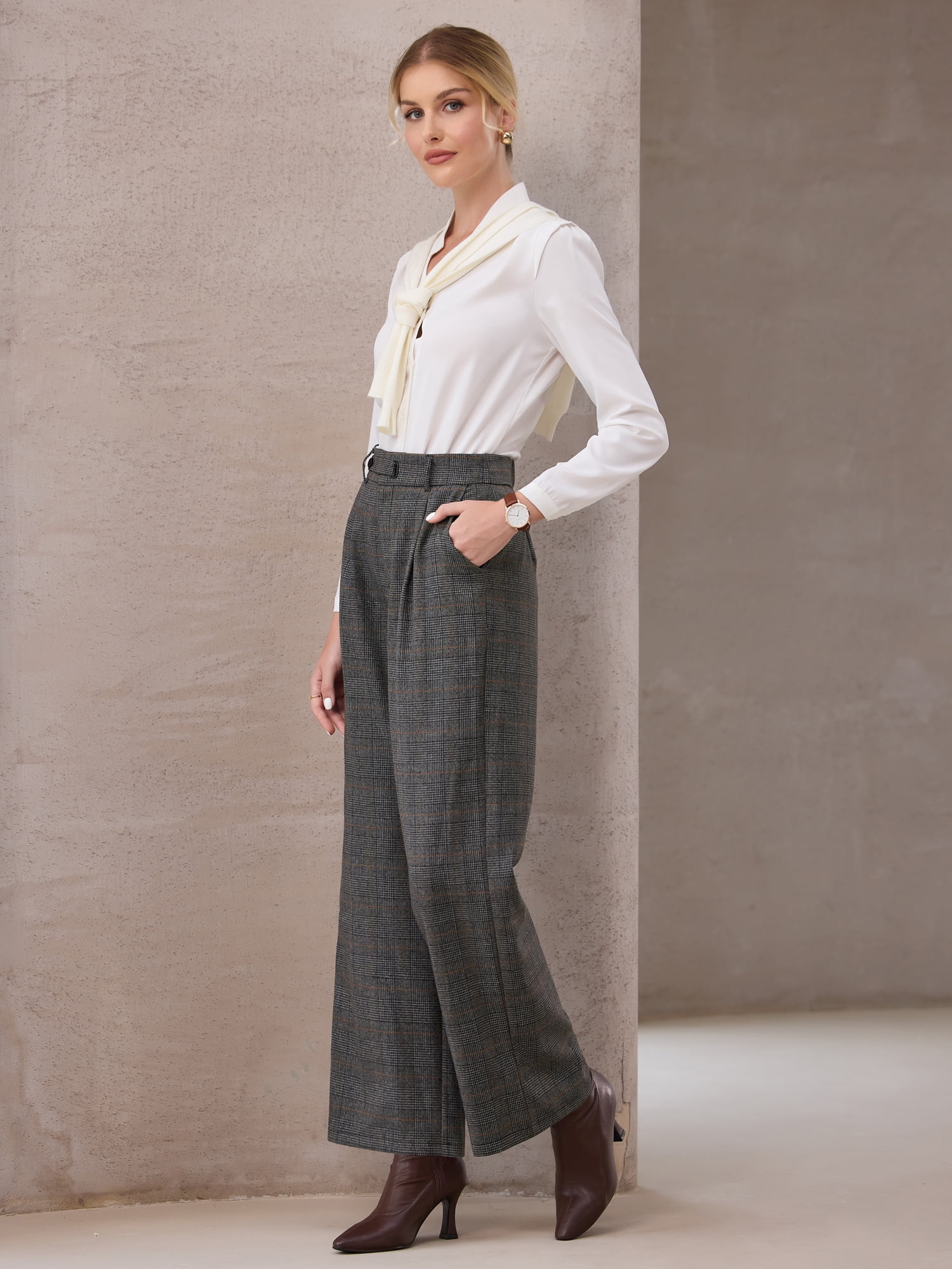 DARING DIVA Women's Plaid Vintage Houndstooth Wide Leg Trousers for Work 2XL Dark Grey