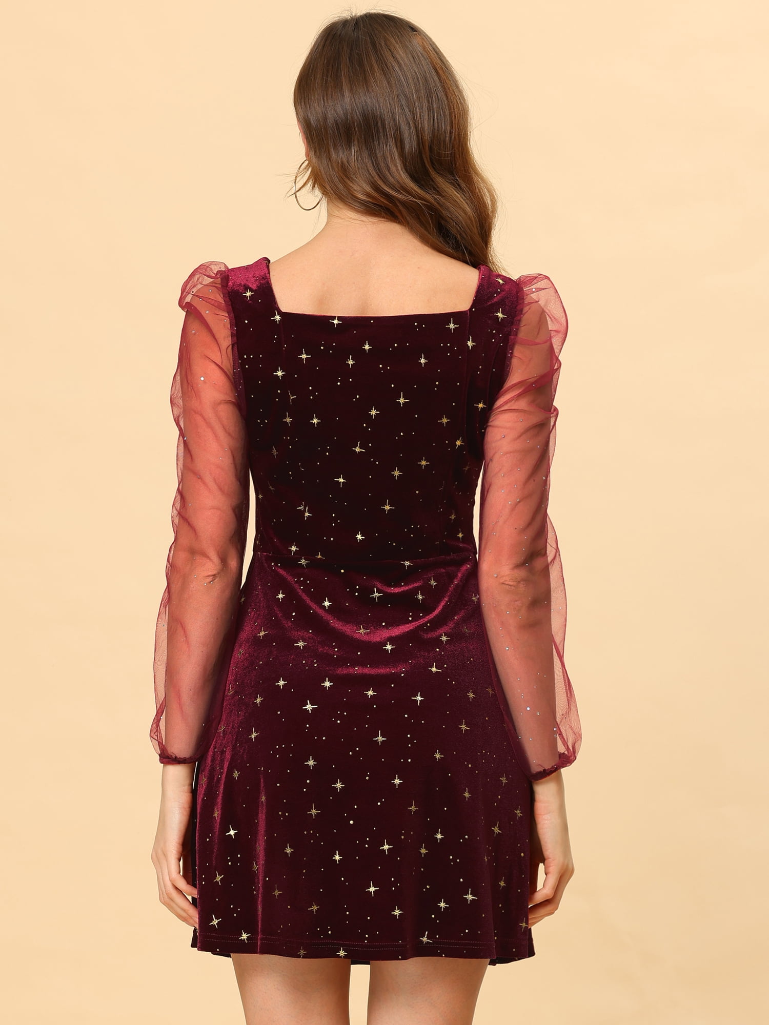 DARING DIVA Square Neck Mesh Sheer Sleeve Glitter Star Velvet Mini Dress M Red