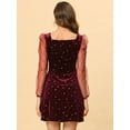 thumbnail image 4 of DARING DIVA Square Neck Mesh Sheer Sleeve Glitter Star Velvet Mini Dress XS Red, 4 of 6