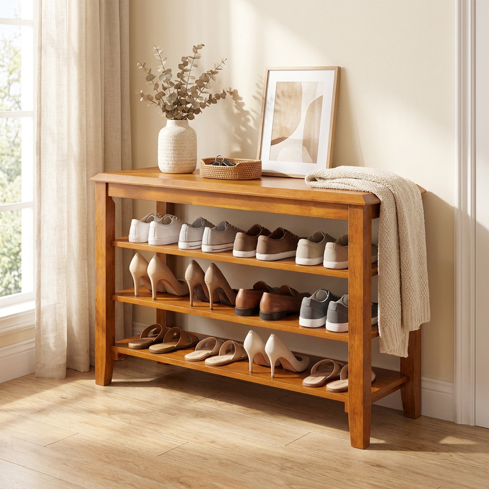Furnibear 3 Tier Shoe Rack Bench with Adjustable Shelves and Rubber Wood Seat for Entryway and Living Room Shoe Storage, Brown