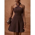 thumbnail image 3 of Brown Halter Neck A-Line Mini Dress With Ruffle Hem, Casual Streetwear Style For Women, 3 of 8