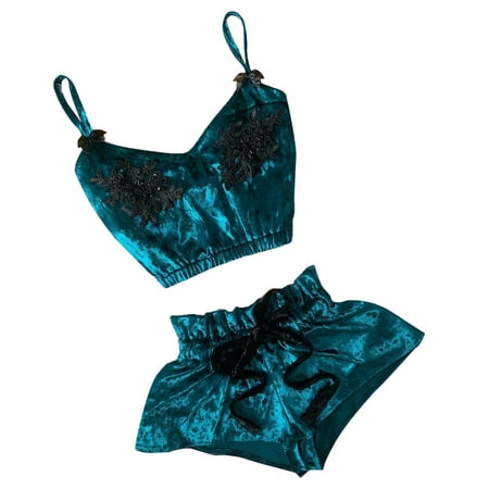 

DNDKILG Womens Casual Pajama Set Lingerie 2 Piece Cami Crop Top and Shorts Lounge Velvet Pj Set Green S