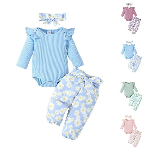 Fesfesfes Girls Outfits Baby Long Sleeved Shirt With Daisy Print Bow Pants Top Pants Headscarf Three Piece Set