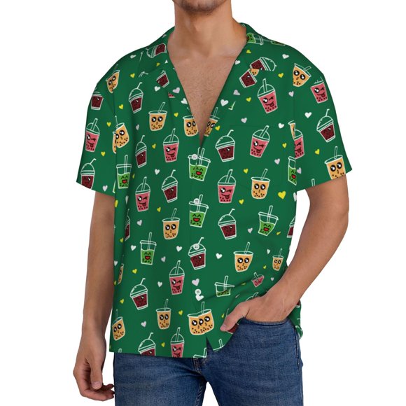 Fotbe Milk Tea Camisa Estampada de Manga Corta para Hombre, Casual de Verano, Estilo Playero, Sin Arrugas-Medium