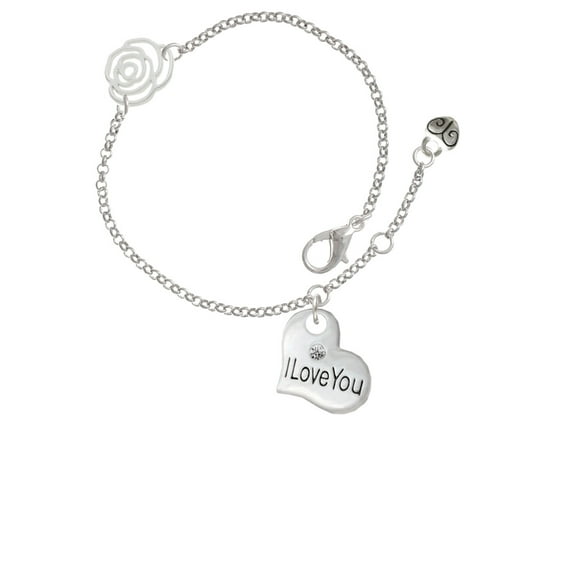 Delight Jewelry Silvertone Large I Love You Heart Silver-tone Rose Link Chain Bracelet, 6.25" 1.75" Extender