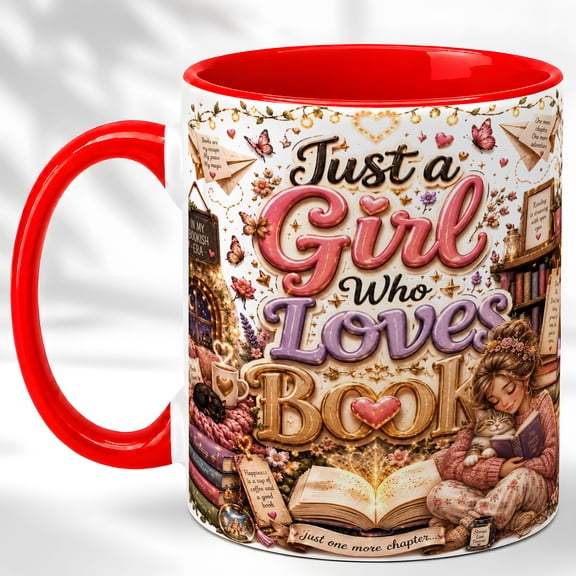 Book Lover Coffee Mug, Just a Girl Who Loves Books Cup, Bookish Era Reading Gift for Women, Cozy Cat Library Art, Ceramic 11 Oz Mug