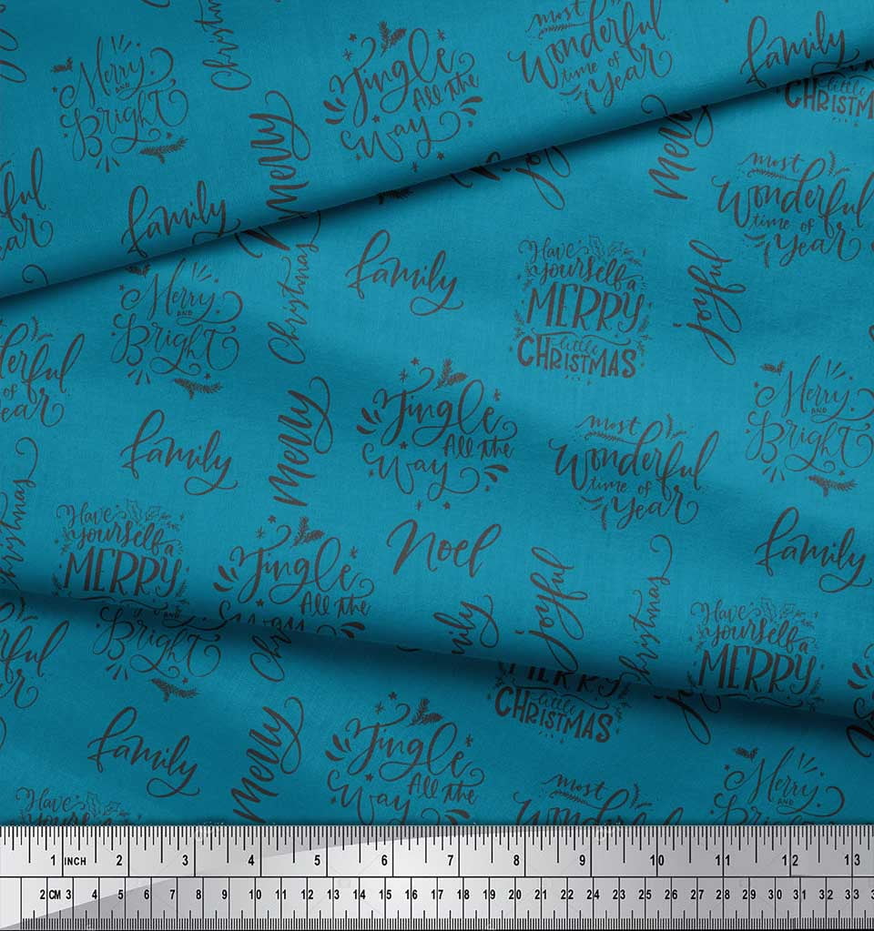 Soimoi Blue Heavy Satin Fabric Merry Christmas Text Print Fabric by Yard 54 Inch Wide