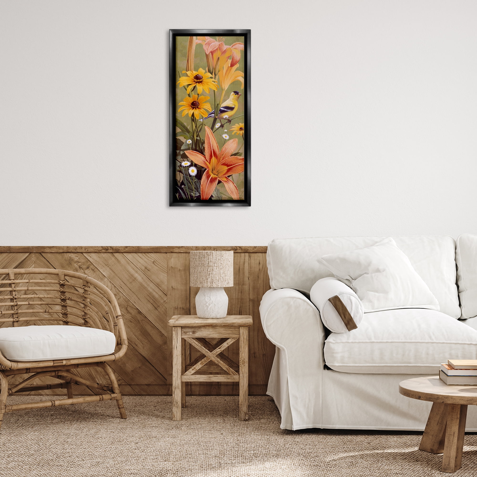 Stupell Industries Among the Flowers Bird Plants & Flowers Painting Black Floater Framed Canvas Art Print Wall Art, 14 x 31