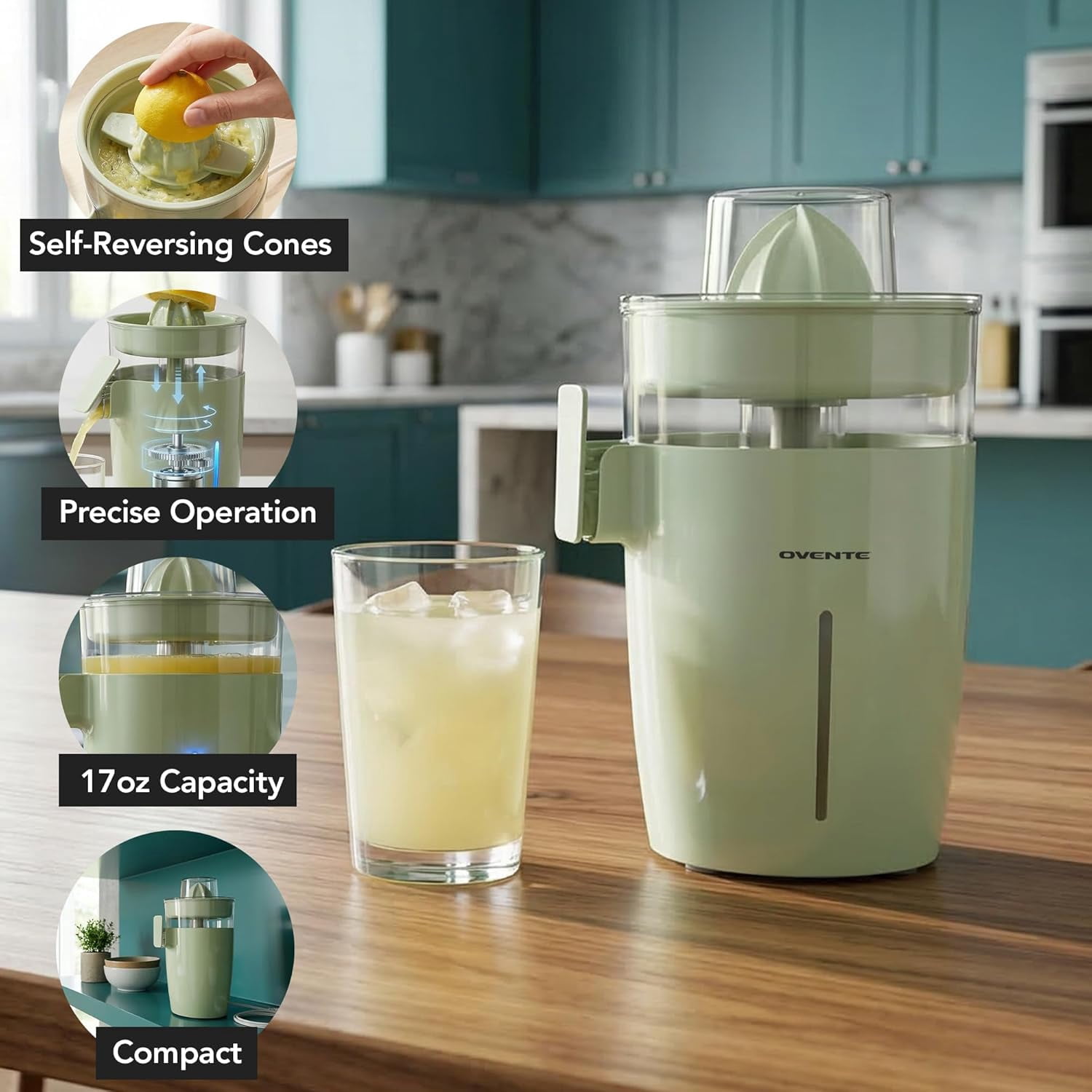 OVENTE Electric Citrus Juicer Machine, 40 Watts, 17 oz, Green JE44G | With Self-Reversing Cones, Pulp Control, and Easy Pour Spout, Juice Squeezer for Orange, Lemon, Lime, or Grapefruit