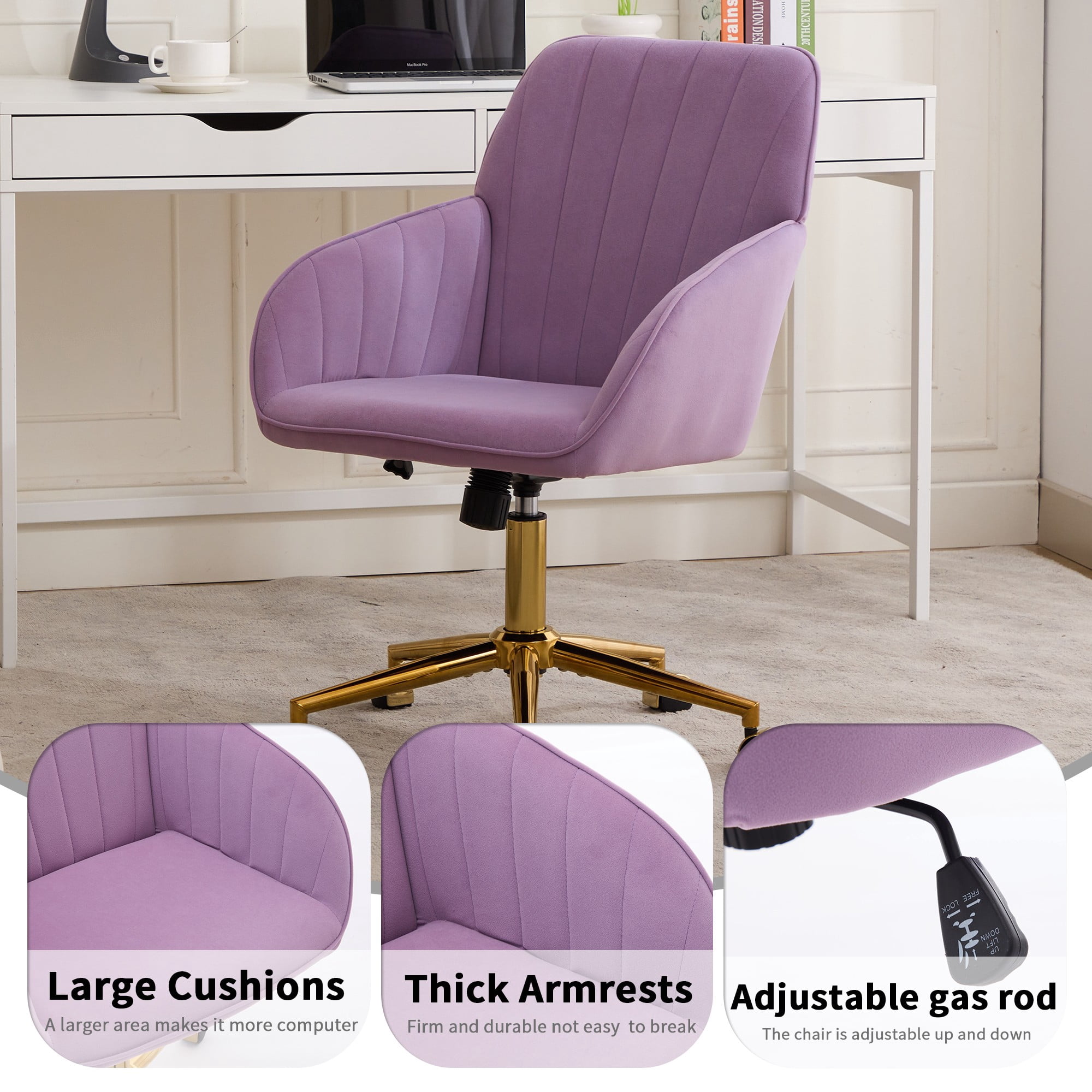 Modern Arm Chair,Adjustable Office Desk Chair with Wheels,Swivel Vanity Chair,Purple