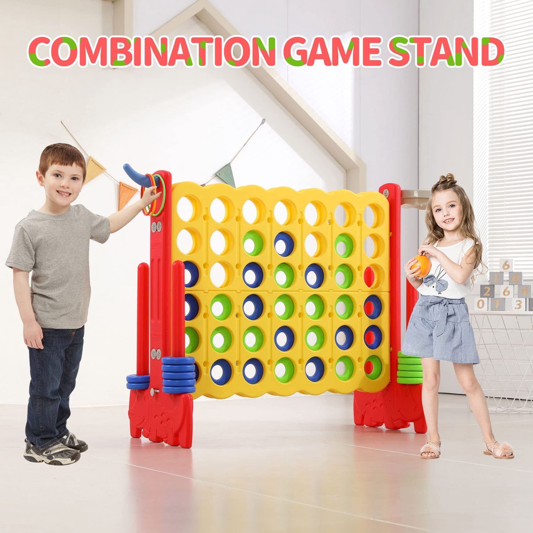 UNICOO® 3-in-1 Giant 4 in a Row Game for Outdoor & Indoor Fun! Featuring Basketball Hoop, Ring Toss Game & 4-to-Score Game. Perfect for Kids, Adults & Parties with Carrying Bag (Yellow + Red)