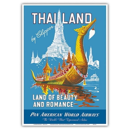 Thailand by Clipper - Land of Beauty and Romance - Royal Barge - Vintage Airline Travel Poster c.1950s - Master Art Print 10in x 14in