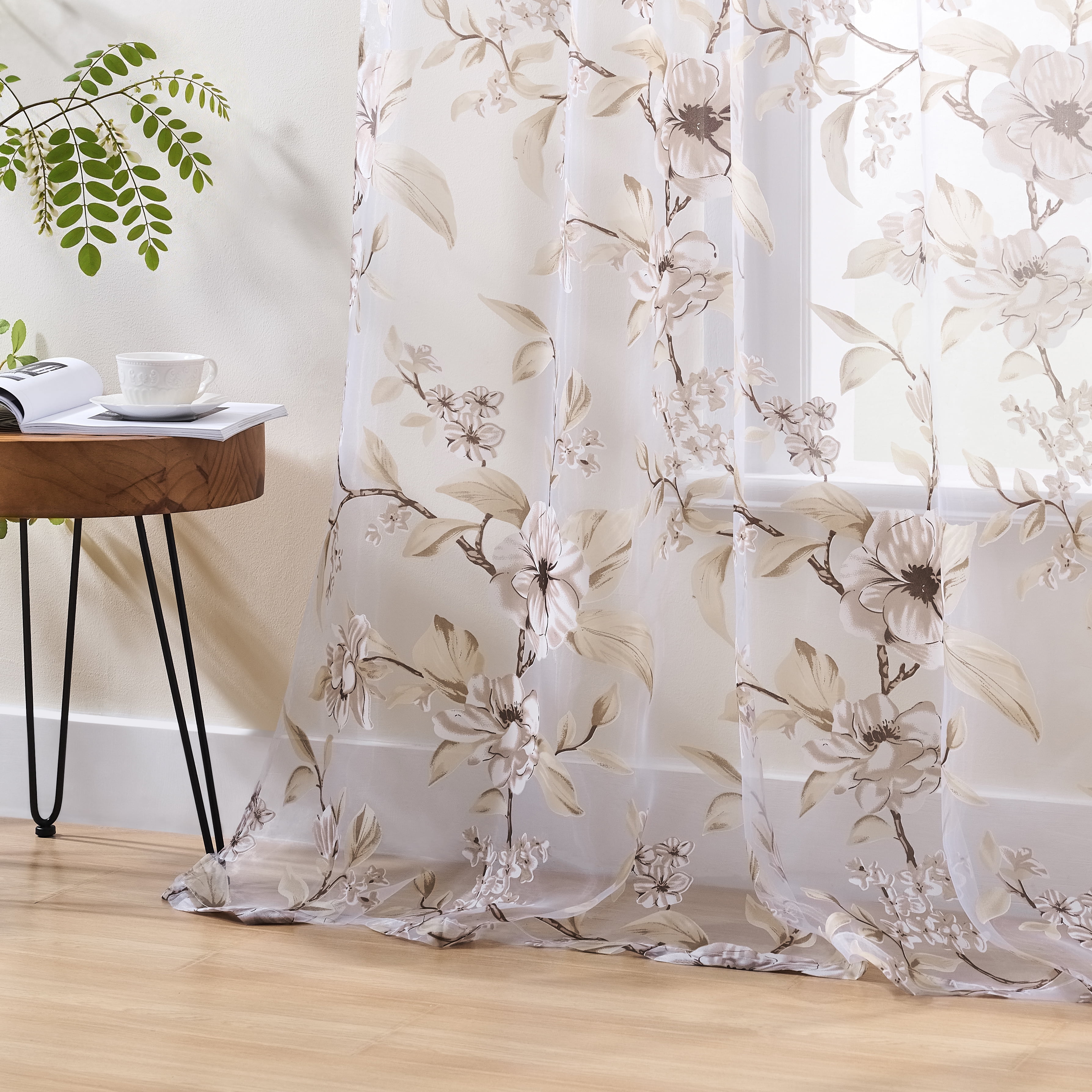 Muuphra Farmhouse Yellow Burnout Floral Semi Sheer Curtains for Living Room Bedroom Girl's Room ,2 Panels Set,55×84"