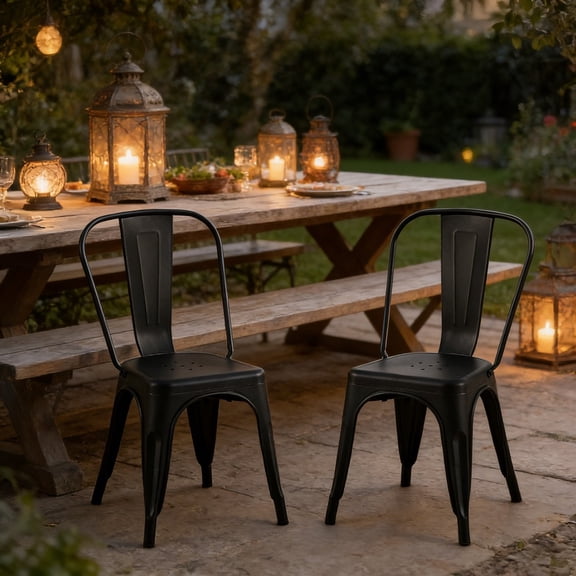 Set of 2 Matte Black Industrial Metal Dining Chairs 18 Inch Seat Height Stackable, Indoor Outdoor, Lightweight Easy-Clean Surface, Easy Assembly, Durable Modern Design, For Kitchen Restauran