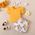 thumbnail image 2 of NZRVAWS Toddler Baby Girl Outfit Set Ruffle Fly Sleeve Crew Neck Solid Color Top Floral Bow Shorts with Headband Baby Girl Summer Clothes 2-3 Years, 2 of 8